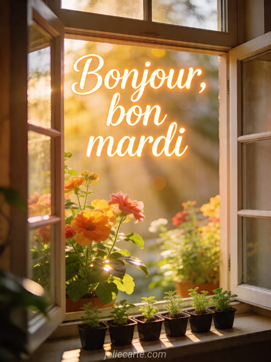 Photo réaliste d'une fenêtre ouverte avec lumière du matin sur des plantes fleuries et le texte Bonjour bon mardi