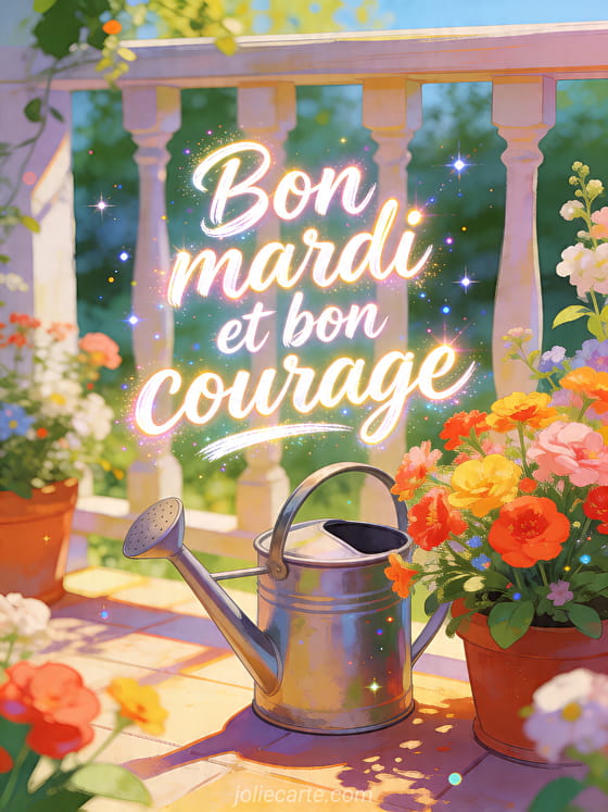 Illustration d'un arrosoir près de fleurs colorées sur une terrasse ensoleillée avec le texte Bon mardi et bon courage