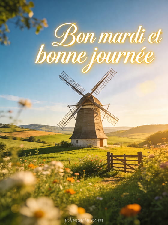 Photo réaliste d'un moulin dans la campagne lumineuse sous ciel bleu avec le texte Bon mardi et bonne journée