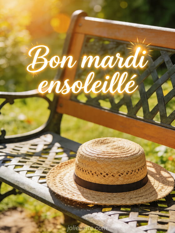 Photo réaliste d'un chapeau de paille sur un banc de jardin au soleil avec le texte Bon mardi ensoleillé