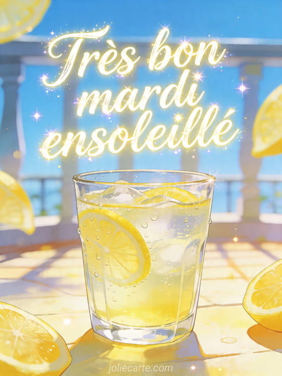 Illustration d'un verre de limonade fraîche avec rondelles de citron sur une terrasse claire et le texte Très bon mardi ensoleillé