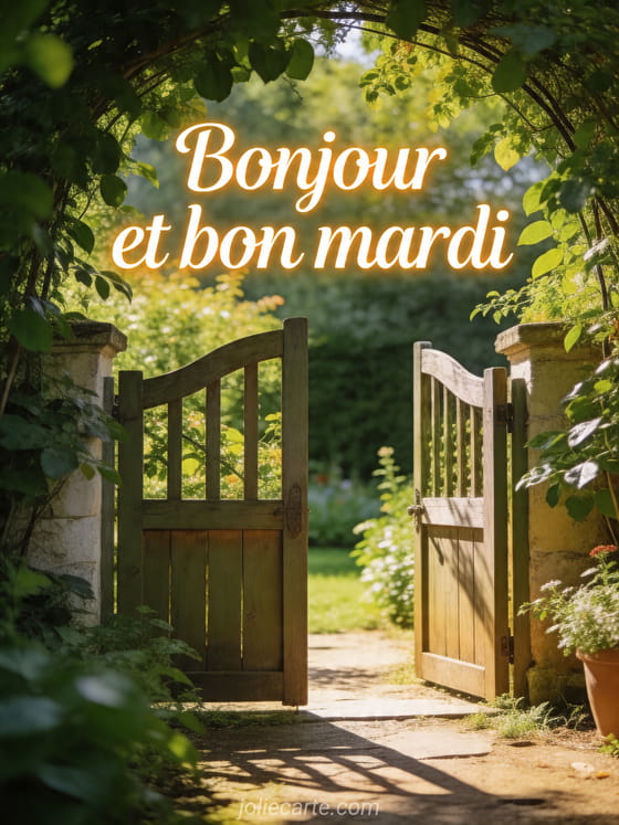Photo réaliste d'un portail de jardin entouré de verdure au matin avec le texte Bonjour et bon mardi