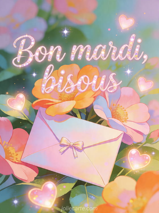 Illustration d'une enveloppe pastel avec petit nœud, pétales et cœurs lumineux avec le texte Bon mardi bisous