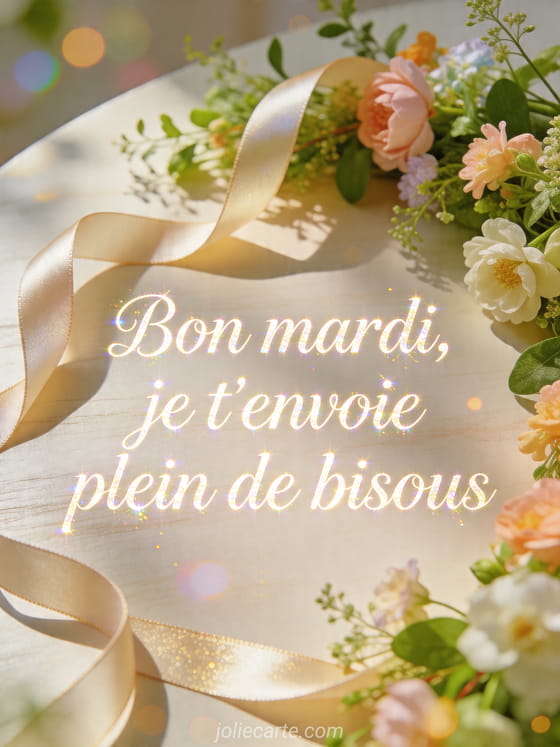 Photo réaliste d'un ruban soyeux enroulé sur une décoration de printemps avec le texte Bon mardi je t'envoie plein de bisous