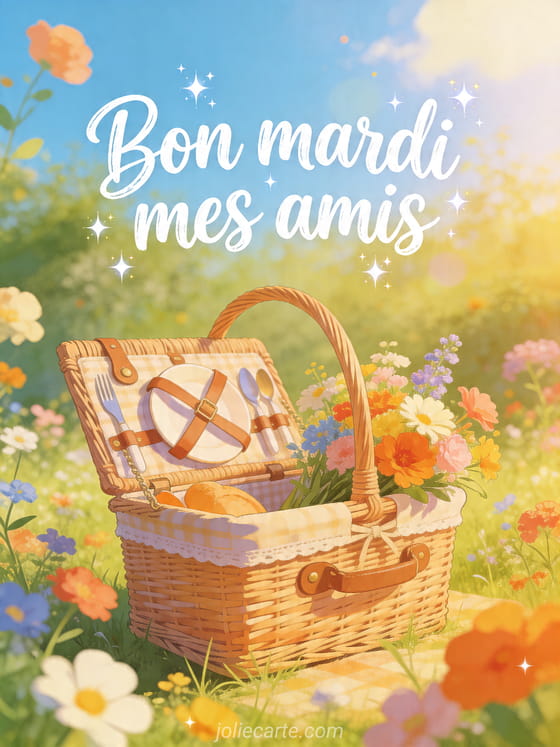 Illustration d'un panier de pique-nique dans une prairie ensoleillée avec fleurs colorées et le texte Bon mardi mes amis