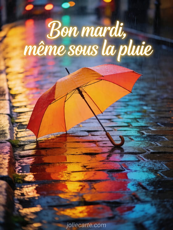 Photo réaliste d'un parapluie coloré sur des pavés mouillés avec reflets lumineux et le texte Bon mardi même sous la pluie
