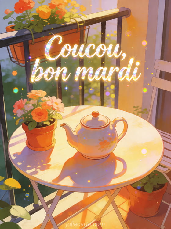 Illustration d'une théière sur une table de balcon ensoleillé avec pots fleuris et le texte Coucou bon mardi