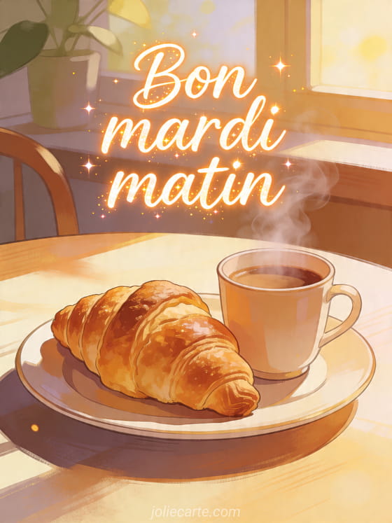 Illustration d'un croissant et d'une boisson chaude sur une table de petit déjeuner ensoleillée avec le texte Bon mardi matin