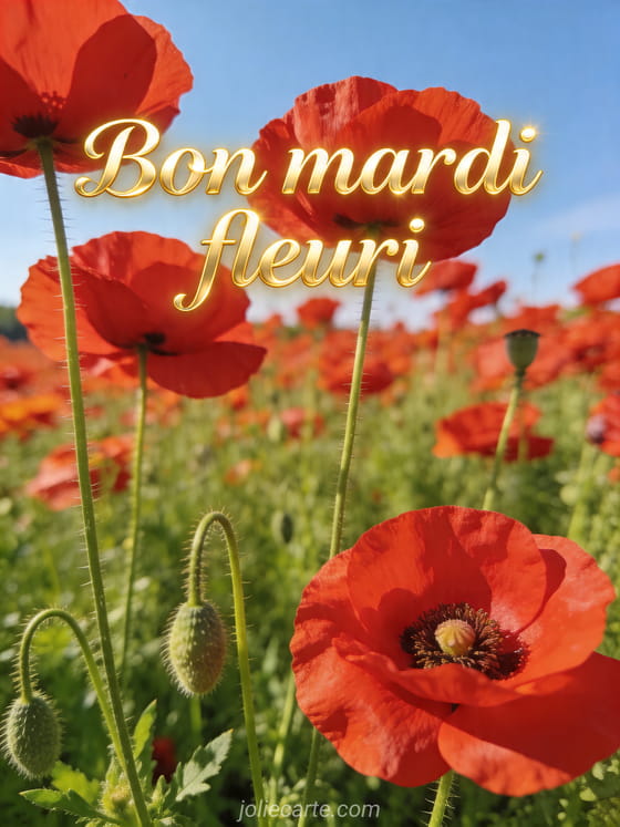 Photo réaliste d'un champ de coquelicots rouges en plein jour avec le texte Bon mardi fleuri