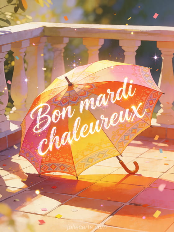 Illustration d'un parasol coloré sur une terrasse lumineuse aux tons d'été avec le texte Bon mardi chaleureux