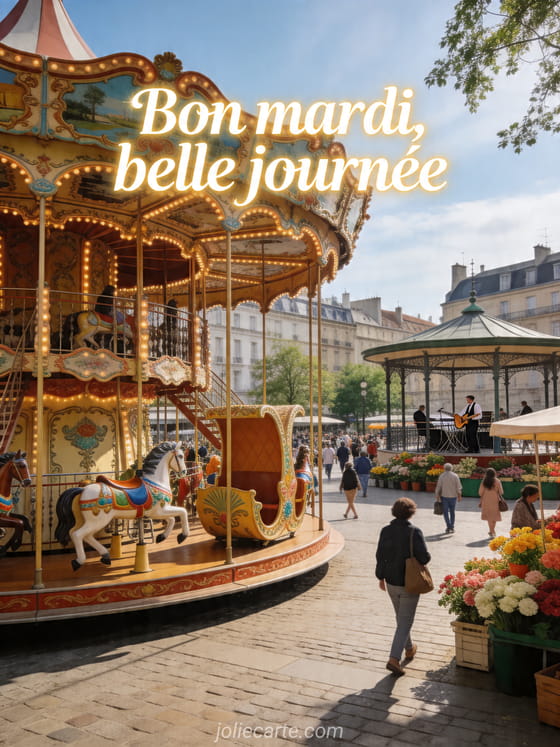 Photo réaliste d'un carrousel classique éclairé en plein jour sur une place joyeuse avec le texte Bon mardi belle journée