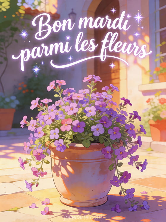 Illustration de fleurs d'aubriète dans une jardinière en céramique dans une cour ensoleillée avec le texte Bon mardi parmi les fleurs