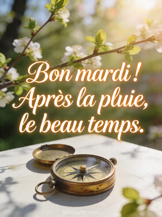 Photo réaliste d'une boussole vintage sur une table lumineuse avec branches de printemps et le texte Bon mardi après la pluie le beau temps