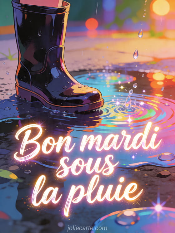Illustration d'une botte de pluie près de flaques brillantes avec reflets colorés et le texte Bon mardi sous la pluie
