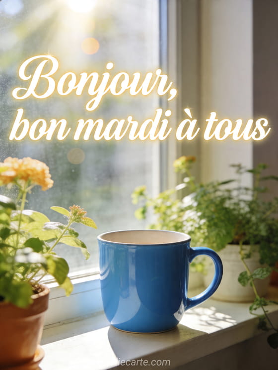 Photo réaliste d'une tasse bleue sur un rebord de fenêtre ensoleillé avec plantes du matin et le texte Bonjour bon mardi à tous