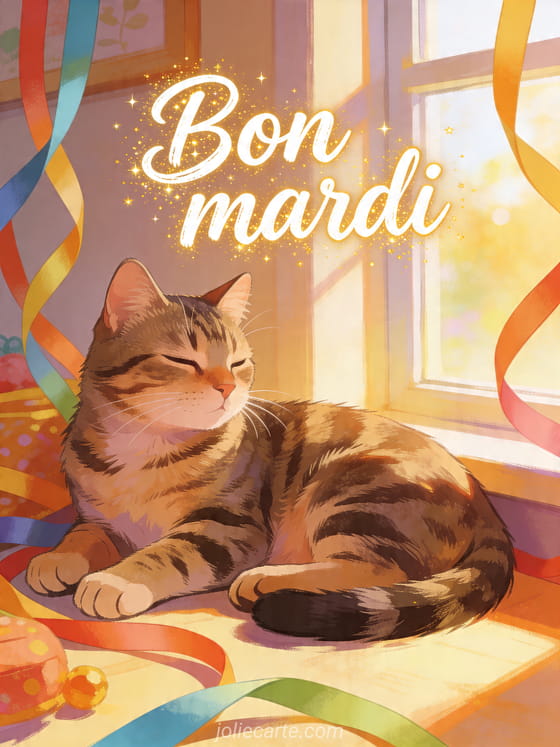Illustration d'un chat tigré près d'une fenêtre ensoleillée avec rubans colorés et le texte Bon mardi
