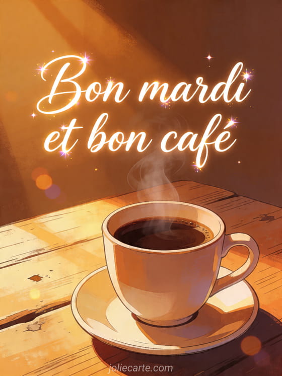 Illustration d'une tasse de café fumante sur une table rustique éclairée le matin avec le texte Bon mardi et bon café