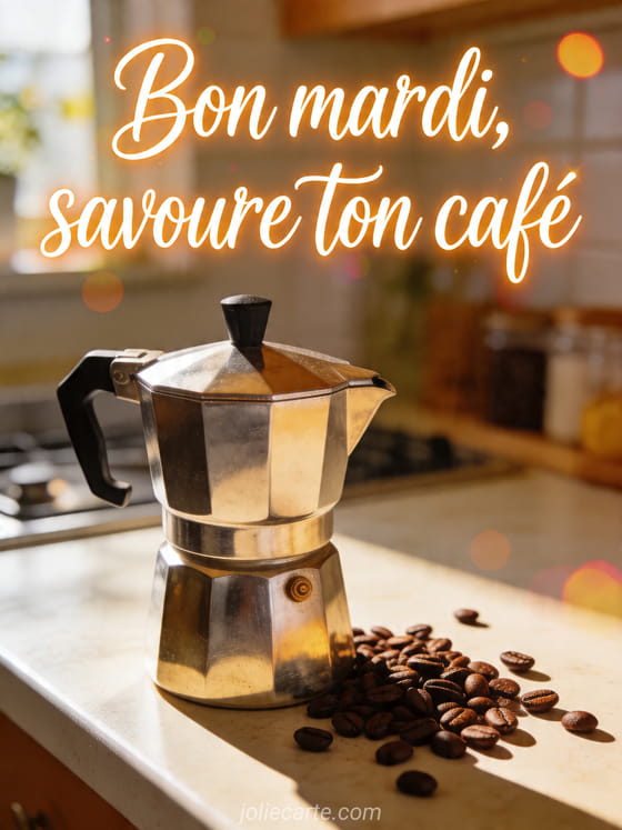 Photo réaliste d'une cafetière moka avec grains de café sur un plan de cuisine lumineux et le texte Bon mardi savoure ton café