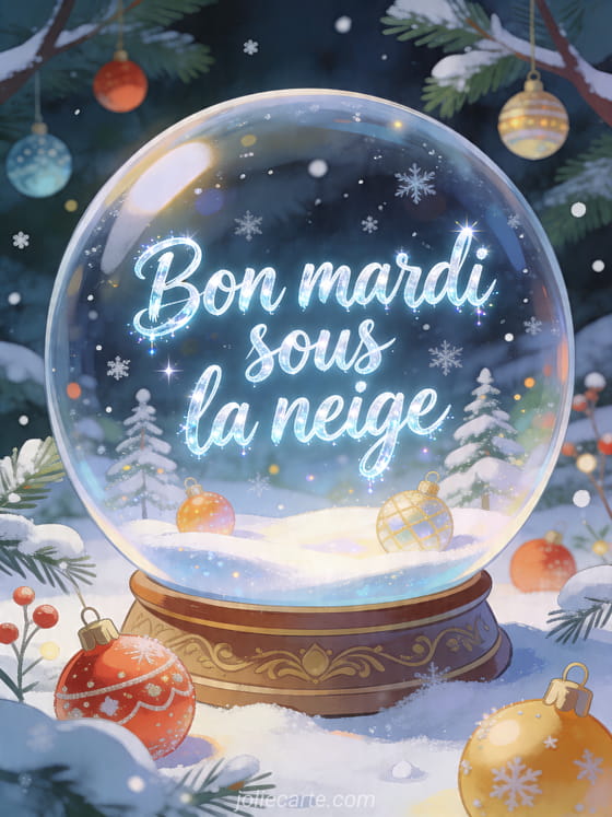 Illustration d'une boule à neige lumineuse dans un jardin d'hiver avec décor festif et le texte Bon mardi sous la neige