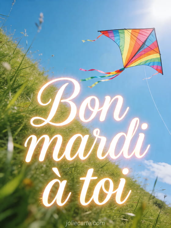 Photo réaliste d'un cerf-volant arc-en-ciel dans un ciel bleu au-dessus d'une prairie ensoleillée avec le texte Bon mardi à toi