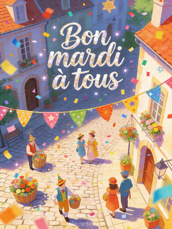 Illustration d'une guirlande de fête sur une place de village avec confettis colorés et le texte Bon mardi à tous
