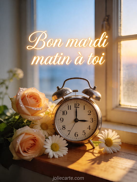 Photo réaliste d'un réveil classique près de fleurs fraîches devant une fenêtre au lever du jour avec le texte Bon mardi matin à toi