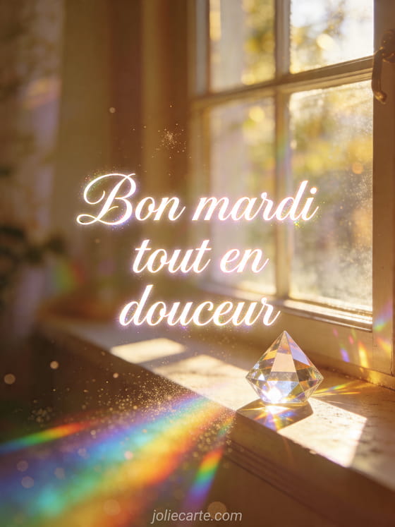 Photo réaliste d'un prisme en cristal projetant des reflets arc-en-ciel dans une pièce ensoleillée avec le texte Bon mardi tout en douceur