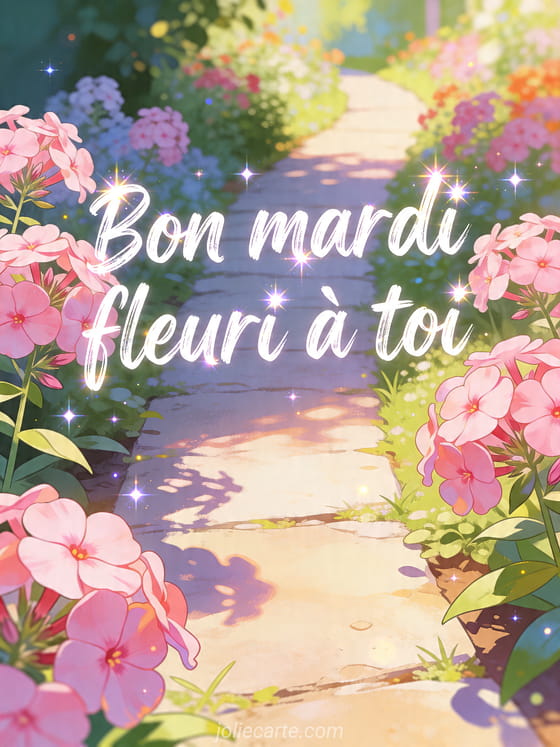 Illustration de fleurs de phlox le long d'un chemin de jardin lumineux avec le texte Bon mardi fleuri à toi