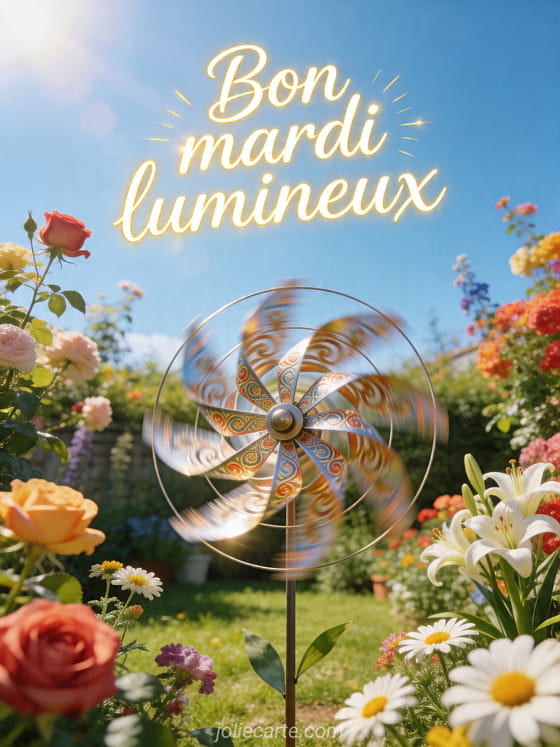 Photo réaliste d'un moulinet tournant dans un jardin ensoleillé avec fleurs vives et le texte Bon mardi lumineux