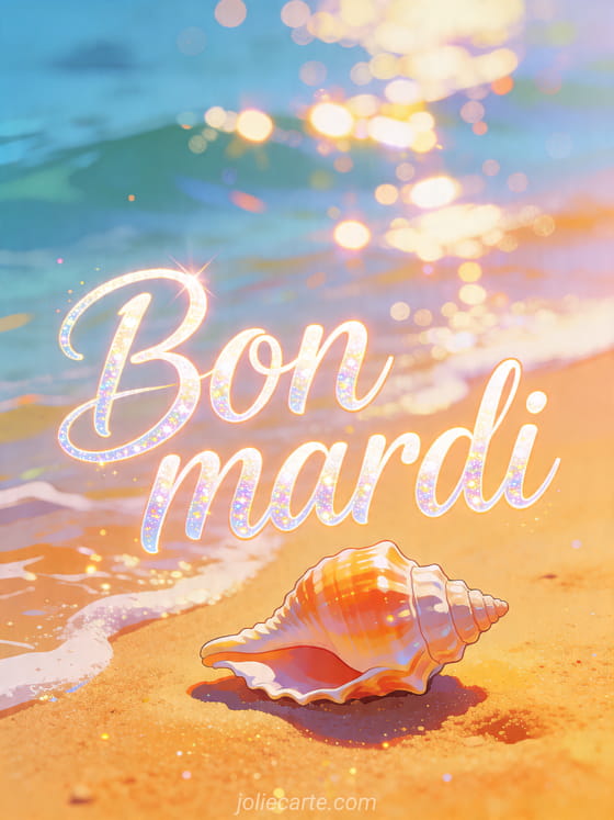 Illustration d'un coquillage clair posé sur du sable chaud avec reflets de mer et le texte Bon mardi