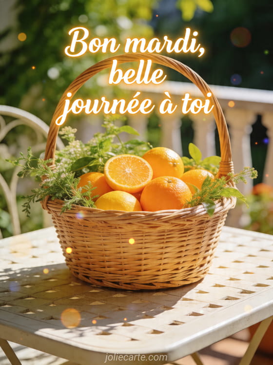 Photo réaliste d'un panier en osier avec agrumes et verdure sur une table de patio ensoleillée avec le texte Bon mardi belle journée à toi