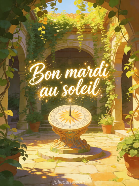 Illustration d'un cadran solaire décoratif dans une cour lumineuse avec plantes grimpantes et le texte Bon mardi au soleil
