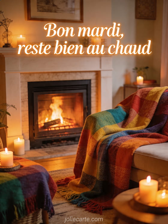 Photo réaliste d'une cheminée allumée dans une pièce cosy avec plaids colorés et bougies, texte Bon mardi reste bien au chaud