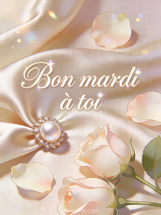 Illustration d'une broche perlée sur tissu satiné avec pétales frais et le texte Bon mardi à toi