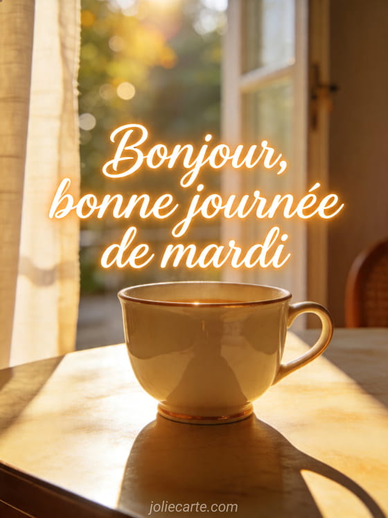 Photo réaliste d'une tasse en porcelaine sur table de petit déjeuner près de rideaux ouverts avec le texte Bonjour bonne journée de mardi