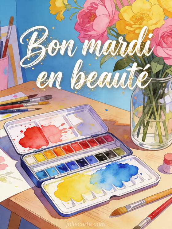 Illustration d'une palette aquarelle avec éclaboussures colorées et fleurs vives dans un atelier, texte Bon mardi en beauté