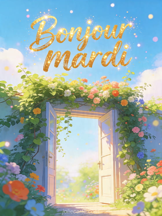 Illustration d'une porte ouverte entourée de verdure grimpante et de fleurs colorées avec le texte Bonjour mardi