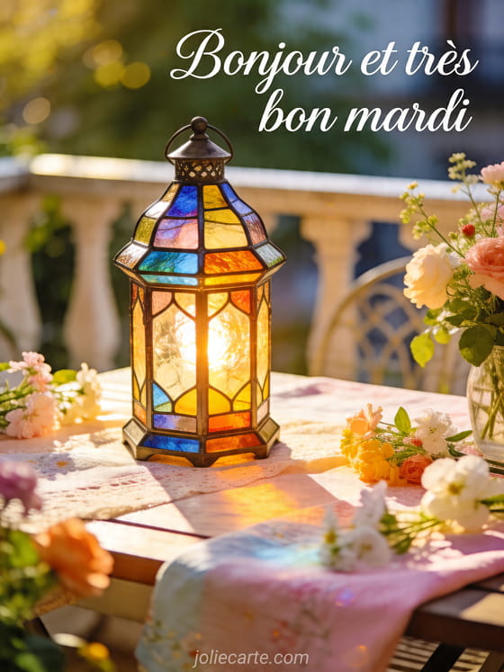 Photo réaliste d'une lanterne en vitrail sur une table de terrasse ensoleillée avec déco printanière et le texte Bonjour et très bon mardi