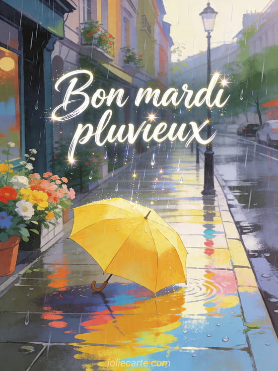 Illustration d'un parapluie jaune dans une rue pluvieuse avec reflets colorés et le texte Bon mardi pluvieux