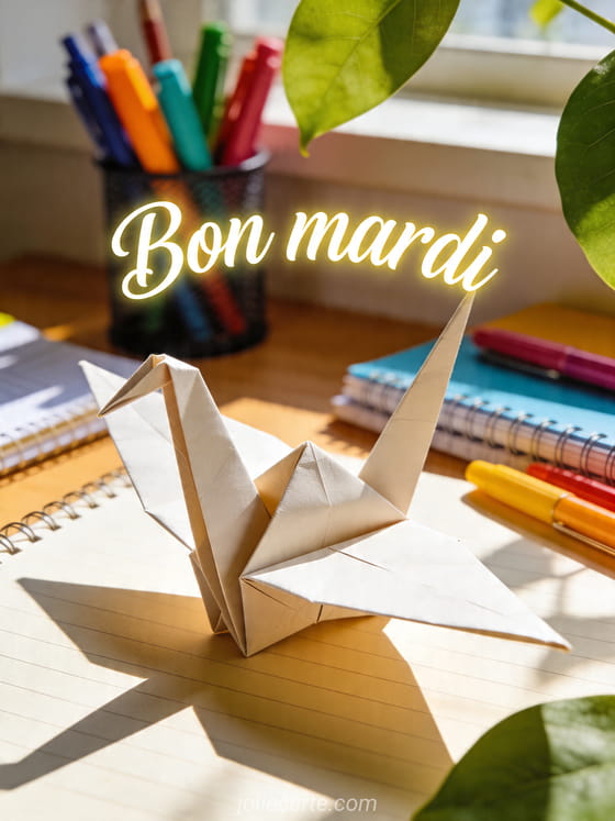 Photo réaliste d'une grue en origami sur un bureau ensoleillé avec papeterie colorée et le texte Bon mardi