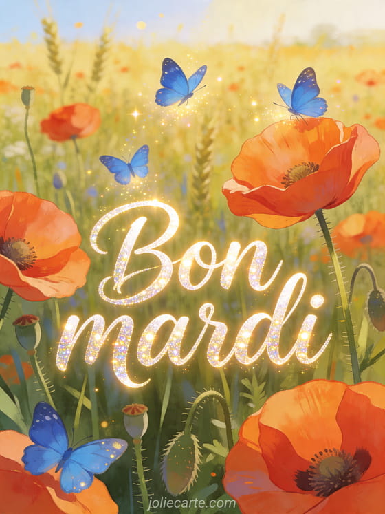 Illustration d'un champ de coquelicots avec papillons bleus en vol et le texte Bon mardi