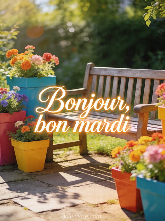 Photo réaliste d'un banc de jardin entouré de jardinières colorées au matin avec le texte Bonjour bon mardi