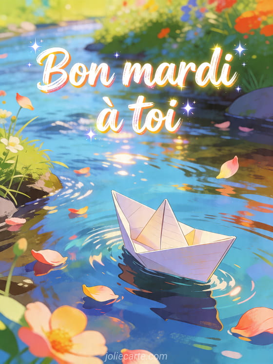 Illustration d'un bateau en papier sur un ruisseau lumineux avec pétales flottants et le texte Bon mardi à toi
