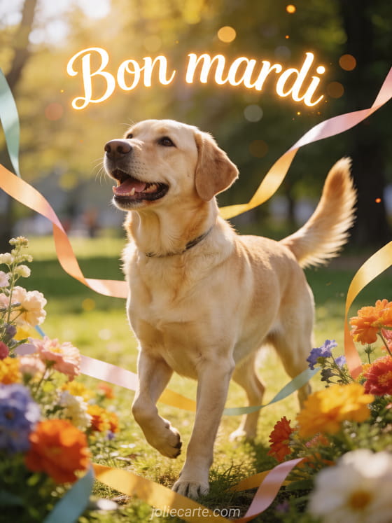 Photo réaliste d'un chien labrador heureux dans un parc ensoleillé avec rubans festifs et fleurs, texte Bon mardi