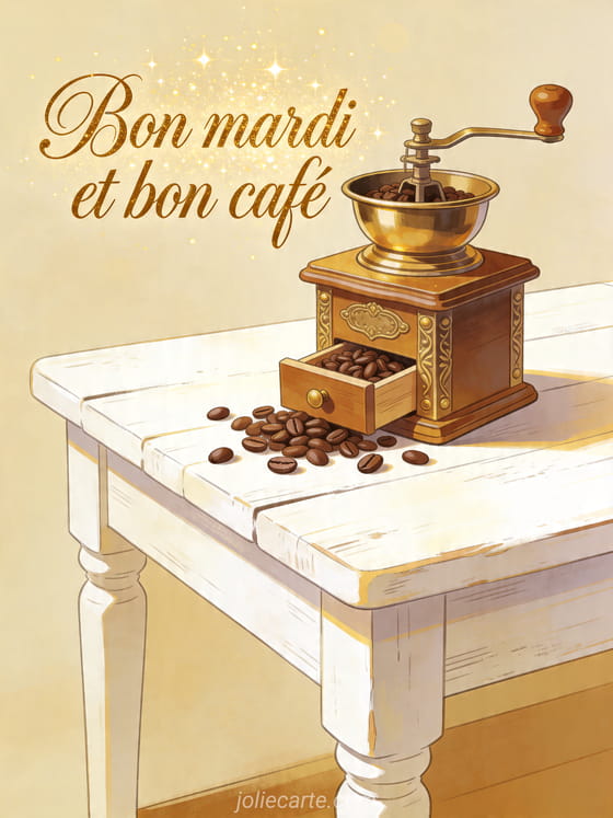 Illustration d'un moulin à café vintage avec grains sur table rustique lumineuse et le texte Bon mardi et bon café