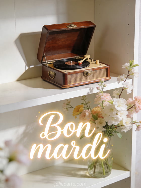 Photo réaliste d'une boîte à musique ouverte sur une étagère lumineuse avec fleurs printanières et le texte Bon mardi