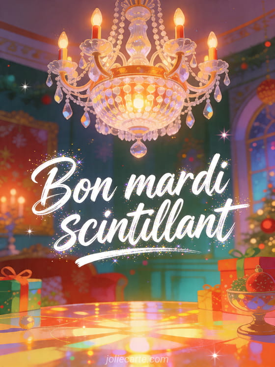 Illustration d'un lustre en cristal lumineux dans un intérieur festif coloré avec le texte Bon mardi scintillant