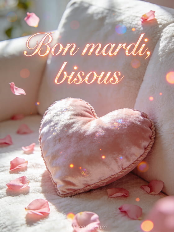 Photo réaliste d'un coussin en forme de cœur sur un canapé cosy avec pétales roses et le texte Bon mardi bisous
