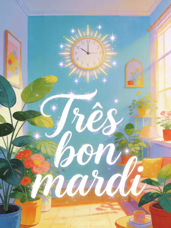 Illustration d'une horloge soleil dans une pièce lumineuse avec plantes vives et le texte Très bon mardi