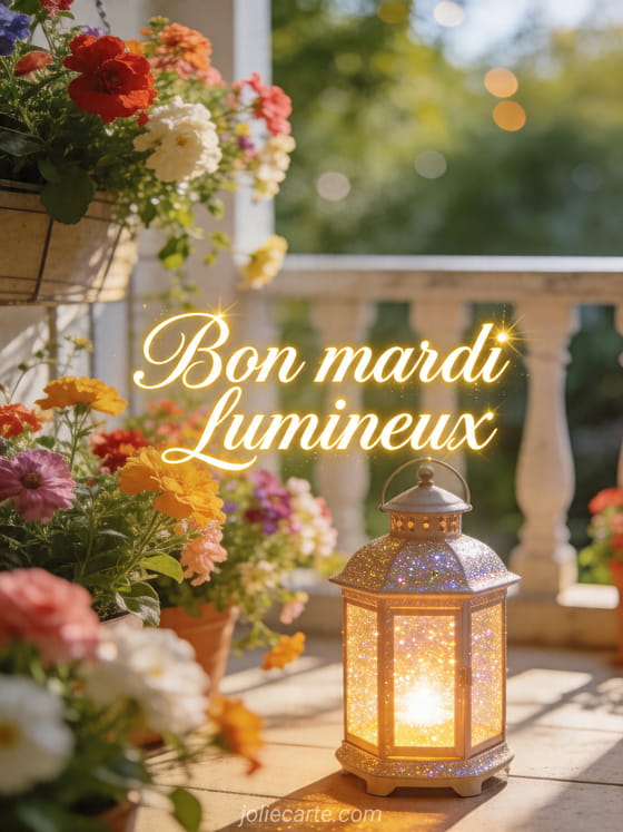 Photo réaliste d'une lanterne pailletée sur une terrasse lumineuse avec fleurs colorées et le texte Bon mardi lumineux